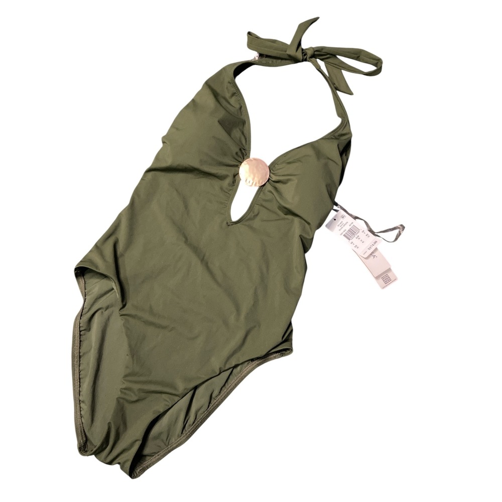 Amoressa Bianca One Piece Swimsuit Olive Green Halter Gold Ring 6514027 New 6